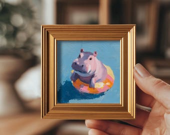 Hippo In Float Original Oil Painting, Mini Framed Wall Art, Hand Painted Canvas, Bathroom Decor, Animal Art, Gift for Nature Lovers