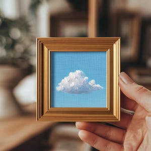 Fluffy Cloud Mini Oil Painting, Original Abstract Art, Hand Painted Blue Sky Artwork, Gift for Homebody, Bedroom Wall Decor, 4x4 Gold Frame image 1