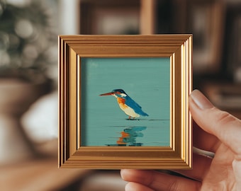 Mini Kingfisher Oil Painting, Original Hand Painted Bird, Woodland Animal Wall Art, Rustic Home Decor, 4x4 Gold Frame, Gift for Friends