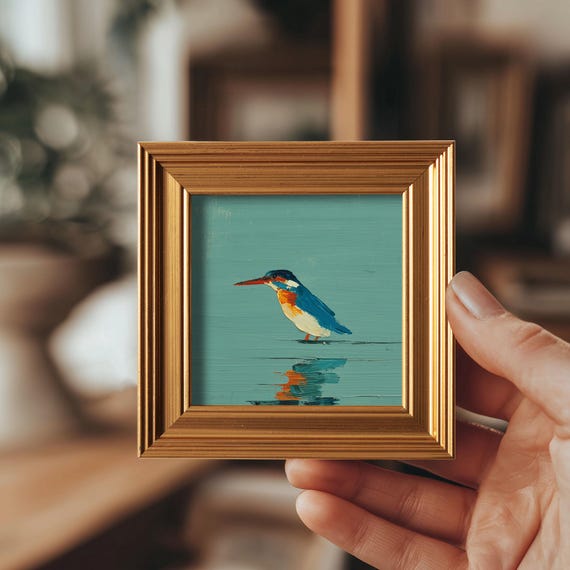 Mini Kingfisher Oil Painting, Original Hand Painted Bird, Wildlife Bird Art, Rustic Home Decor, 4x4 Gold Frame, Gift for Bird Lover