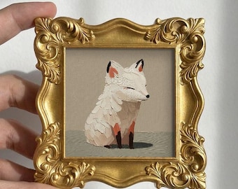 Textured White Fox Oil Painting, Original Woodland Art, Mini Framed Canvas, Hand Painted Decor, Gift for Nature Lover