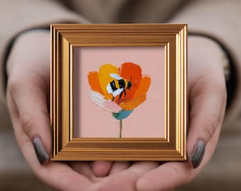 Honey Bee Flower Oil Painting, Mini Hand Painted Original Art, Small Floral Artwork
