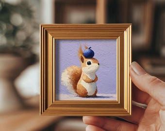 Blueberry Squirrel Original Oil Painting, Mini Framed Canvas Art, Hand Painted Canvas, Home Wall Decor, Animal Art, Gift for Nature Lovers