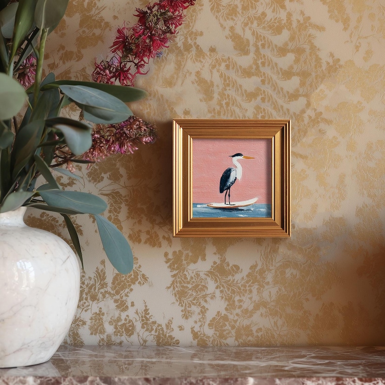 Mini Reiher Ölgemälde, Original handgemalte Wildtiere, Natur Vogel Galerie Wandkunst, 4x4 Goldrahmen, Geburtstagsgeschenk für Vogelliebhaber Bild 2