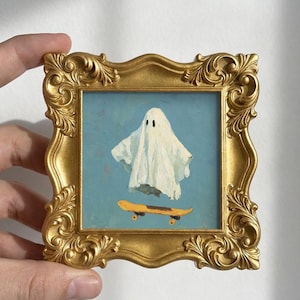 Skateboardspöke Original oljemålning, mini handmålad kanvas, söt Halloweenkonst, present till skateboardåkare, dekoration för studentrummet
