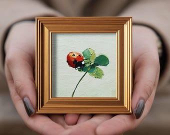 Marienkäfer auf Klee Ölgemälde, kleine handgemalte Originalkunstwerk