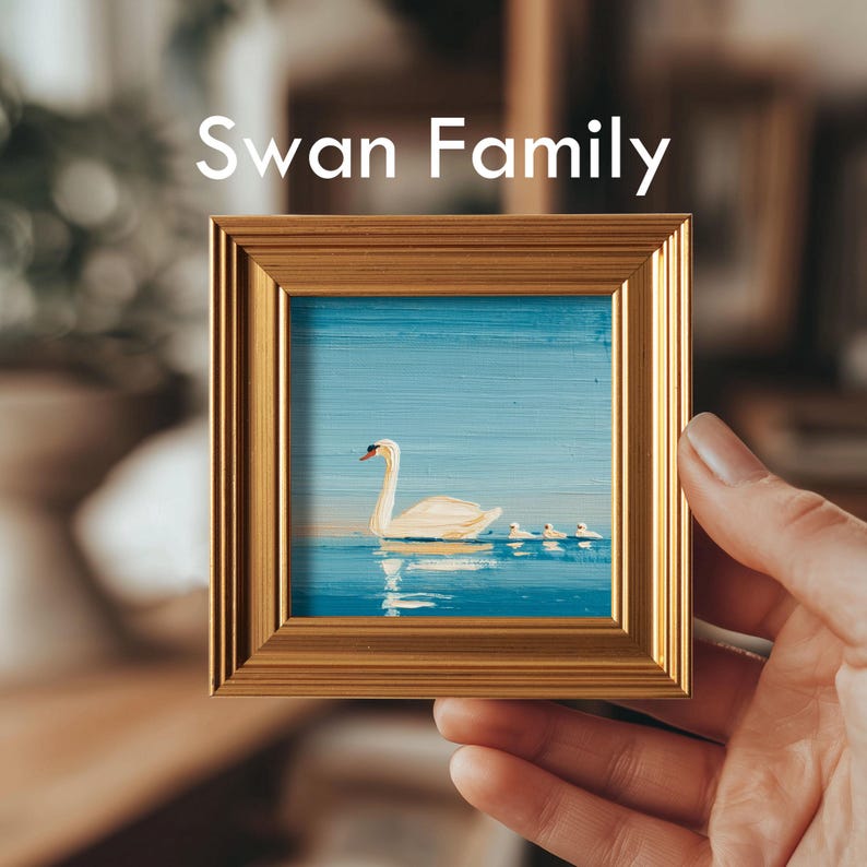 Mini Reiher Ölgemälde, Original handgemalte Wildtiere, Natur Vogel Galerie Wandkunst, 4x4 Goldrahmen, Geburtstagsgeschenk für Vogelliebhaber Swan Family