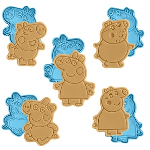 Conjunto de 5 cortadores de biscoito inspirados na Peppa Pig – Peppa, George, Papai Pig, Mamãe Pig e Bebê Pig | Conjunto de carimbos para biscoitos para festa de aniversário infantil