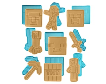 Juego de 9 cortadores de galletas Block Craft: Creeper, TNT, espada, pico, cerdo, zombi, Steve / Galletas para fiesta de cumpleaños con temática de videojuegos pixelados
