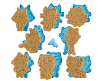 Set de tampons et emporte-pièces pour biscuits en forme de chat de maison de poupée – 8 modèles de personnages | DJ cataire, Cakey Cat, Pandy Paws | Kit de cuisson pour fête d'anniversaire pour enfants