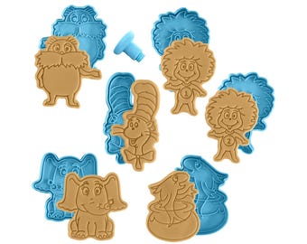 Seuss Inspired Cookie Cutter Set of 6 – The Cat in the Hat, Thing 1 Thing 2, The Lorax, Horton, Fish | Storybook Birthday Party Stamp