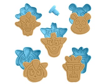 Crash Inspired Cookie Cutter Set of 5 – Aku Aku Mask, Cortex, Coco, Bandicoot Character Cookies | Gamer Birthday Party Cookie Stamp