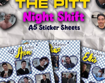 Hojas de pegatinas A5 de The Pitt Night Shift (John Shen, Parker Ellis, Mateo Diaz, Jack Abbot, Crus Henderson, Nazely Toomarian)