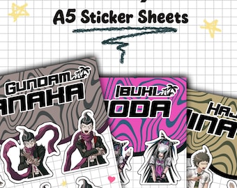 Foglio di adesivi dei personaggi di Danganronpa 2: Parte 2 (Gundam Tanaka, Ibuki Mioda, Hajime Hinata, Kazuichi Souda, Sonia Nevermind, Mahiru, Nidai)