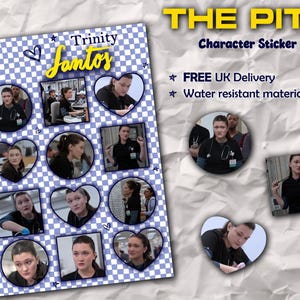 May include: A sticker sheet featuring Trinity Santos from "The Pitt." The sheet has a blue and white checkered background with various images of the character in circles and heart shapes. The title "THE PITT" is in yellow.
