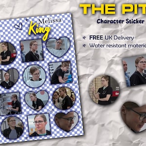 May include: A sticker sheet featuring multiple images of a person in various poses, set against a blue and white checkered background. The sheet includes the text "THE PITT Character Sticker Sheet" and the name "Melissa King".