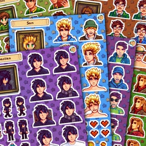 May include: A collection of colorful stickers featuring pixelated portraits of various characters. The stickers have different background colors, including green, blue, and purple. Some stickers have character names displayed in a rectangular frame.