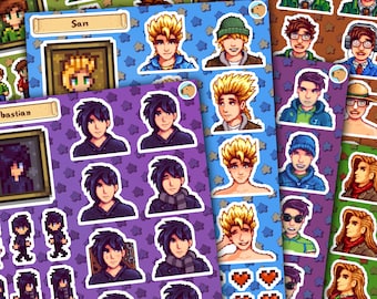 Hojas de pegatinas de solteros de Stardew Valley (Sebastian, Alex, Sam, Elliott, Harvey, Shane)