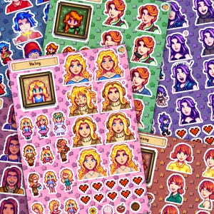 May include: A collection of colorful stickers featuring pixelated portraits of various characters. The stickers showcase different hairstyles, outfits, and expressions. The word "Haley" is visible on one sticker sheet.