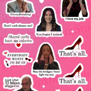 Op de afbeelding: Een stickervel met diverse afbeeldingen en tekst. Bevat afbeeldingen van mensen, hoge hakken en zinnen als "Groundbreaking", "I love my job" en "That's all". De achtergrond is roze.