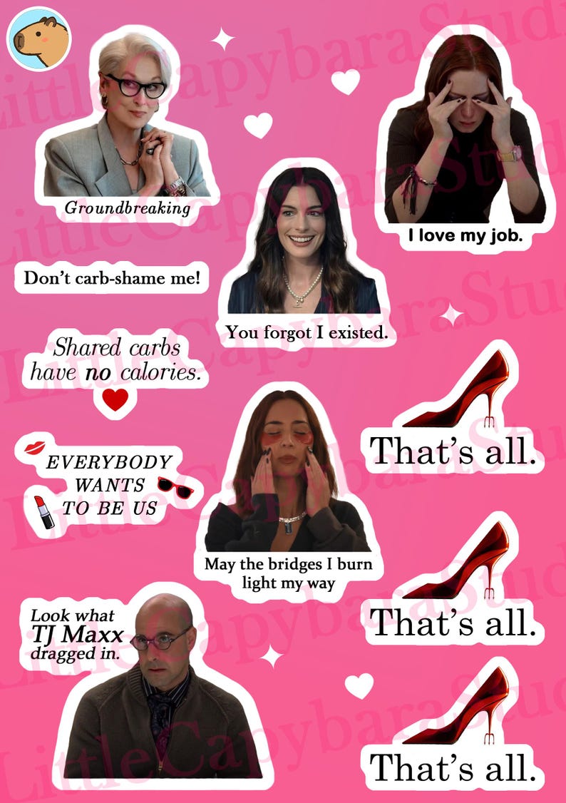 Op de afbeelding: Een stickervel met diverse afbeeldingen en tekst. Bevat afbeeldingen van mensen, hoge hakken en zinnen als "Groundbreaking", "I love my job" en "That's all". De achtergrond is roze.