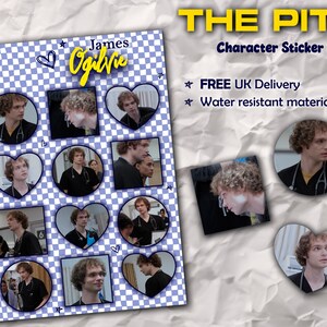 May include: A sticker sheet featuring images of James Ogilvie from "The Pitt" in various shapes. The sheet has a blue and white checkered background with the text "THE PITT Character Sticker Sheet" in yellow.
