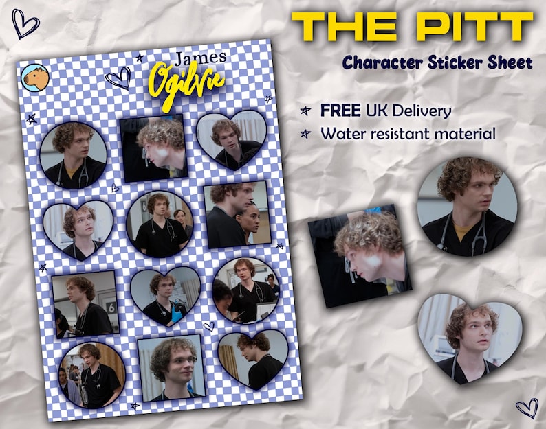 May include: A sticker sheet featuring images of James Ogilvie from "The Pitt" in various shapes. The sheet has a blue and white checkered background with the text "THE PITT Character Sticker Sheet" in yellow.