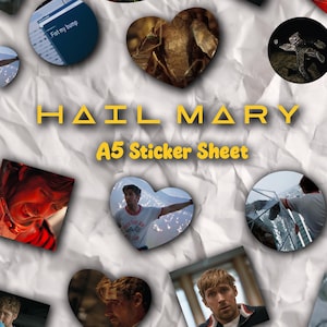 Pode incluir: Uma folha de adesivos A5 com fundo branco. O texto "HAIL MARY" em letras amarelas está acima de "A5 Sticker Sheet". A folha apresenta imagens em forma de coração e circulares, incluindo uma captura de tela de uma tela de computador e imagens de uma pessoa.