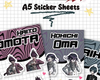Hoja de pegatinas de personajes de Danganronpa V3: Parte 1 (Kaito Momota, Kokichi Oma, Shuichi Saihara, Angie, Himiko, Kiibo, Kaede, Korekiyo)
