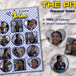 May include: A character sticker sheet featuring images of Emma Nolan from "The Pitt". The sheet has a blue and white checkered background with images in various shapes. The text "THE PITT Character Sticker Sheet" is at the top.