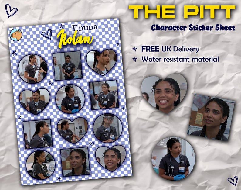 May include: A character sticker sheet featuring images of Emma Nolan from "The Pitt". The sheet has a blue and white checkered background with images in various shapes. The text "THE PITT Character Sticker Sheet" is at the top.