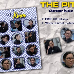 May include: A sticker sheet featuring multiple images of Joy Kwon from "The Pitt" series. The sheet includes images in circles and hearts, with the text "Joy Kwon" and "Character Sticker Sheet". The stickers are water resistant.