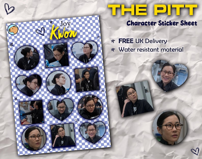 May include: A sticker sheet featuring multiple images of Joy Kwon from "The Pitt" series. The sheet includes images in circles and hearts, with the text "Joy Kwon" and "Character Sticker Sheet". The stickers are water resistant.