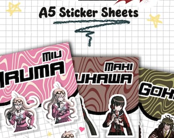 Hoja de pegatinas de personajes de Danganronpa V3: Parte 2 (Miu Iruma, Maki, Gonta Gokuhara, Kirumi Tojo, Rantaro, Ryoma, Tenko, Tsumigi)