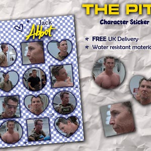 May include: A sticker sheet featuring images of Jack Abbot from "The Pitt". The sheet has a blue and white checkered background with images in various shapes. The text "THE PITT Character Sticker Sheet" is at the top. The stickers are water resistant.