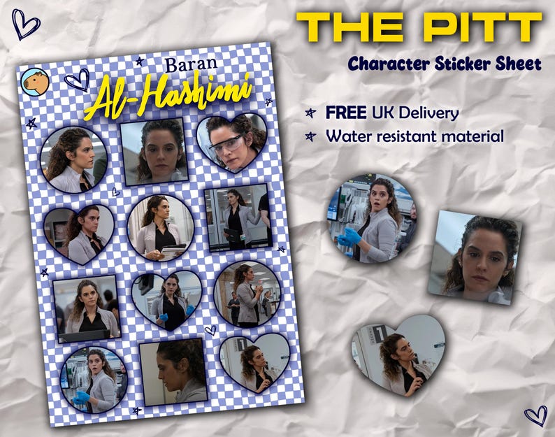 May include: A character sticker sheet featuring Baran Al-Hashimi from "The Pitt." The sheet includes multiple images of the character in various poses, set against a blue and white checkered background. The text "THE PITT" and "Character Sticker Sheet" are displayed.