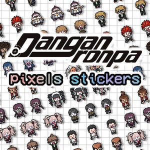 May include: A sheet of pixel stickers featuring characters from Danganronpa. The stickers are in a grid pattern, with the Danganronpa logo and the words "pixels stickers" in the center. The stickers are colorful and detailed.