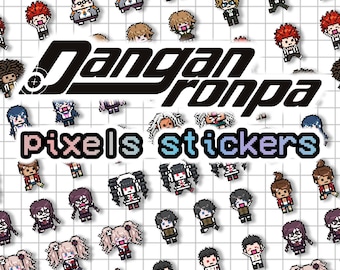 Hoja de pegatinas de píxeles de Danganronpa (Makoto, Kirigiri, Junko, Togami, Aoi, Sakura, Celeste, Chihiro, Mondo, Taka, Hifumi, Sayaka, Leon)