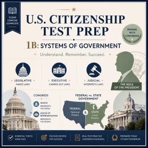 May include: An educational infographic titled U.S. Citizenship Test Prep 1B: Systems of Government. It features icons for legislative, executive, and judicial branches, a silhouette of a president, and a map comparing federal and state powers.