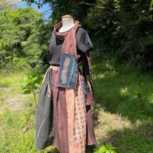 Kakishibu-Dyed Boro Patchwork Skirt & Stole Set + Tenugui | Antique Japanese Cotton | Sashiko | Wabi-Sabi Slow Fashion