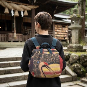Persimmon-Dyed Crane Backpack Tote | 3-Way Japanese Textile Bag | Upcycled Boro Patchwork