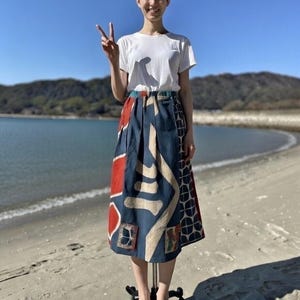 Vintage Japanese Tairyouki Lucky Flag Skirt - Kakishibu Persimmon Dyed - Auspicious Symbols Wearable Art - One of a Kind Statement Skirt