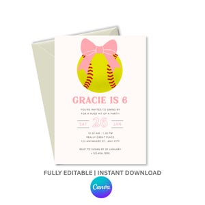Softball Birthday Invitation | Pink Bow, Girls Sports Party (Editable Canva Template, Digital Download)