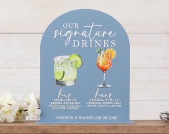 Signature Drinks Wedding Bar Sign – Acrylic Arch with UV Printed Custom Cocktail Menu and Names, Perfect for Wedding and Parties