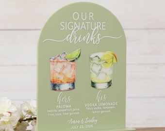 Personalized Signature Drinks Sign, Custom Acrylic Wedding Bar Sign with Cocktail Illustrations, His and Hers Drink Menu Wedding Decor
