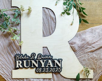 Custom Wooden Letter Guestbook Sign – Personalized Initial with Names & Date, 3D Raised Letters