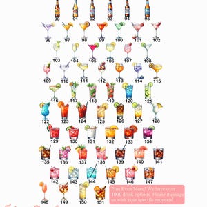 May include: A collection of numbered illustrations featuring various beer bottles and colorful cocktails in diverse glassware, garnished with fruit slices and herbs. A pink text box at the bottom reads: Plus Even More! We have over 1000 drink options. Please message us with your specific requests!