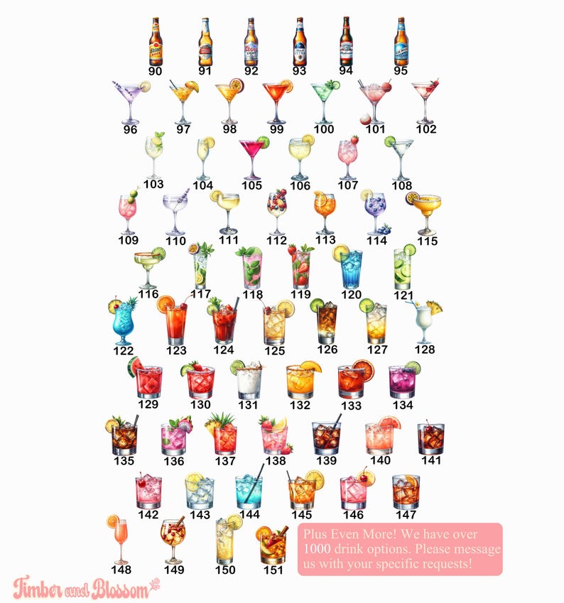 May include: A collection of numbered illustrations featuring various beer bottles and colorful cocktails in diverse glassware, garnished with fruit slices and herbs. A pink text box at the bottom reads: Plus Even More! We have over 1000 drink options. Please message us with your specific requests!