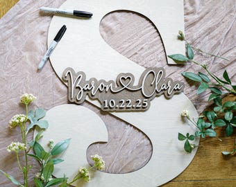 Wooden Monogram Letter Wedding Guestbook | Custom Names & Date