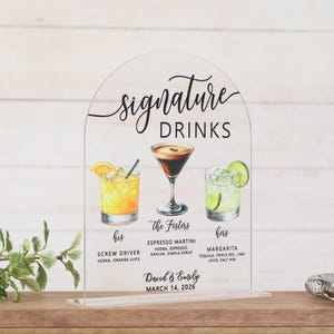 Personalized Signature Drinks Sign, Custom Acrylic Wedding Bar Sign with Cocktail Illustrations, His and Hers Drink Menu Wedding Decor image 14
